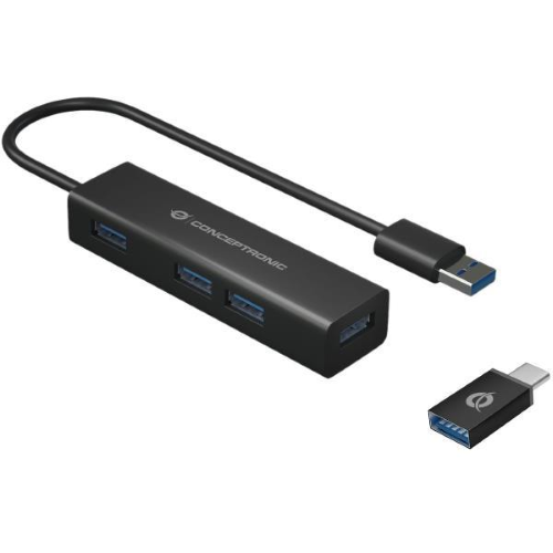 CONCEPTRONIC HUB USB 3.0 4 PORTE CON ADATTATORE DA USB-C A USB-A IN ALLUMINIO NERO